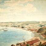 Colored painting of a village on a shore with ships in the water.