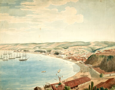 Colored painting of a village on a shore with ships in the water.