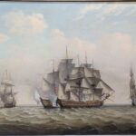 Painting of 6 ships, side by side on the water.