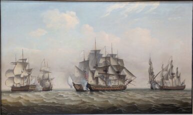 Painting of 6 ships, side by side on the water.