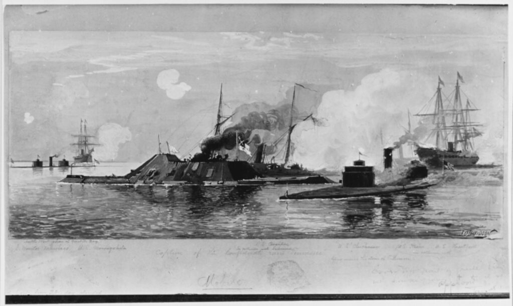 Black and white artwork of five ships in battle with one another.