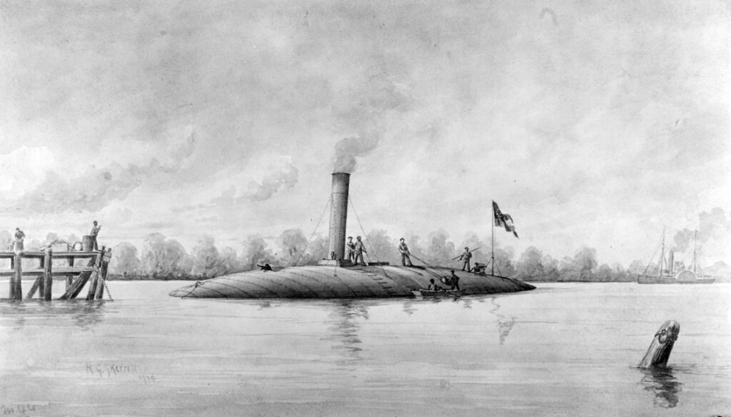 Black and white drawing of the CSS Manassas battleship in the water with several men standing on top of the ship.