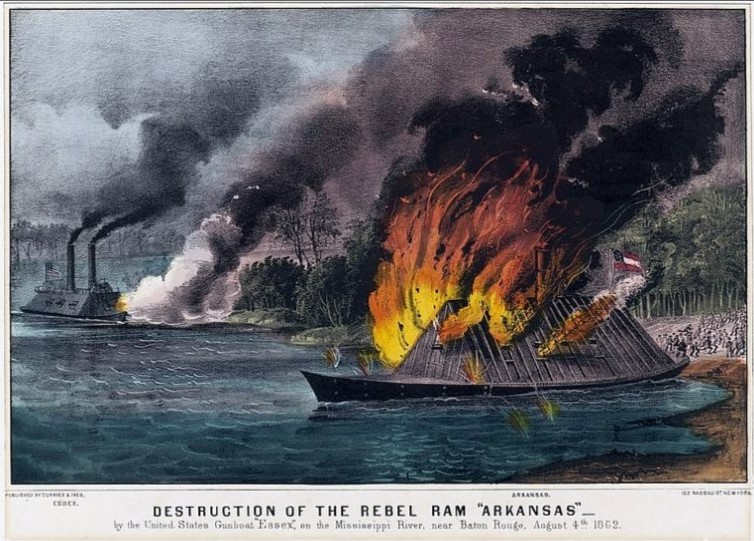 Colored artwork of two ships in the water at battle with one ship on fire.