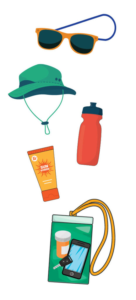 graphics of sunglasses, hat, water bottle, sunscreen & waterproof pouch