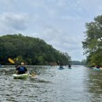 Adults and children kayaking on Mariners' Lake with lifejackets on. The sky is blue and the along the shore are trees.