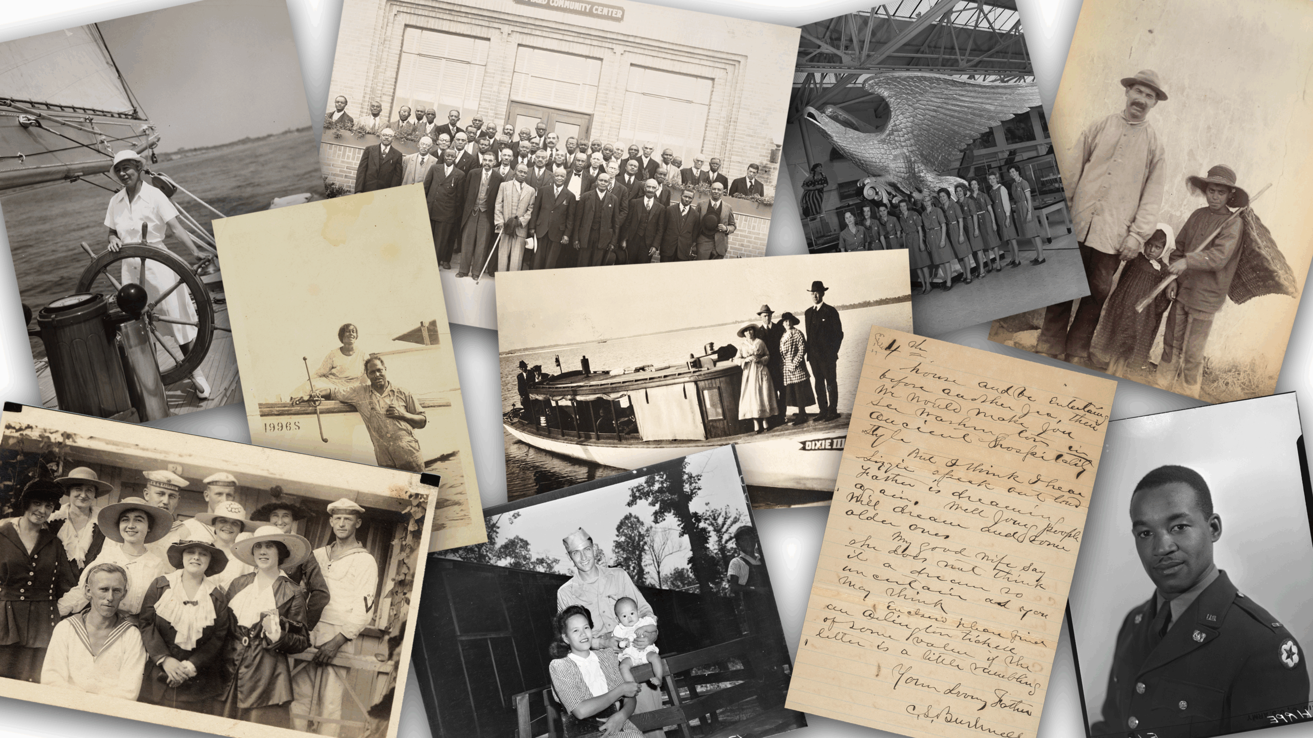 Collage of vintage black and white, and sepia tone photos from various decades.