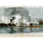Colored artwork of a naval battle in Hampton Roads. Two ironclads ships and five other ships in the background.